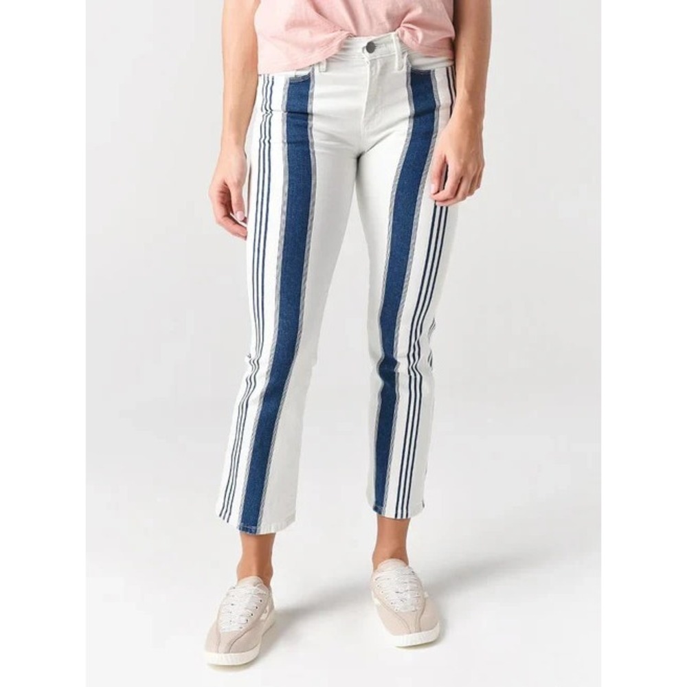 FRAME Baja Stripe Crop Mini Boot Jeans Women 28 White Blue Jean Paneling Bootcut